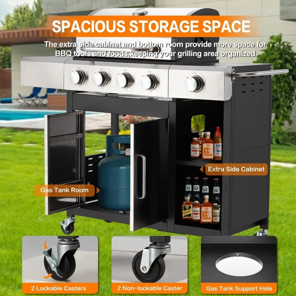 4 Burner Propane Gas Grill with Side Burner and Cabinet 49000 BTU Stainless Steel BBQ Grill Porcelain Enameled Cast Iron Grate