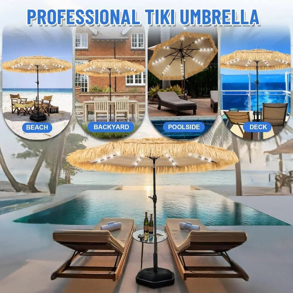 Hawaiian Inspired 9 Foot Solar Thatch Umbrella With 32 LEDs UPF 50 Plus Patios