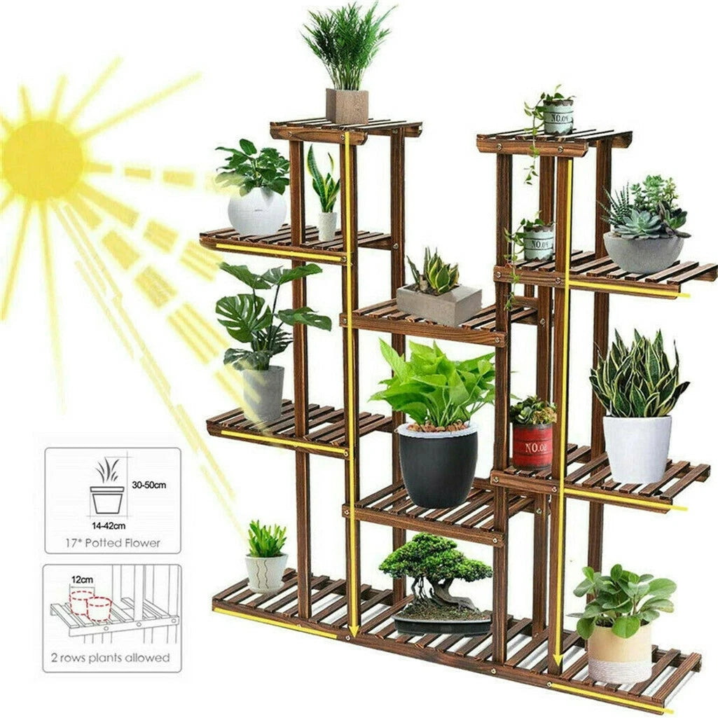 UNHO 46 Inch Multi Tier Wood Plant Stand 9 Tier 16 Pot Flower Rack Indoor Outdoor for Patio Garden