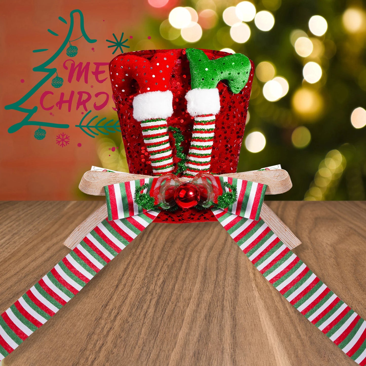 Santa Hat Tree Topper With Glittery Reindeer Antlers Bells