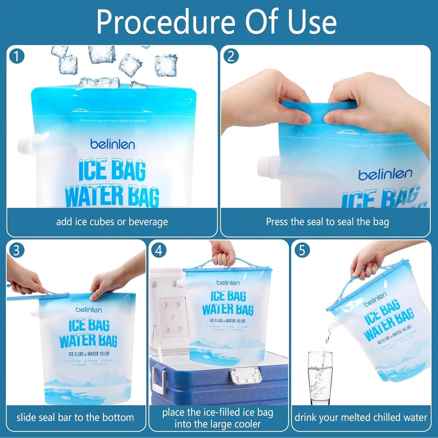 Reusable Ice Bags for Cooler 6 Pack With Sealed Sliding Handle for Camping