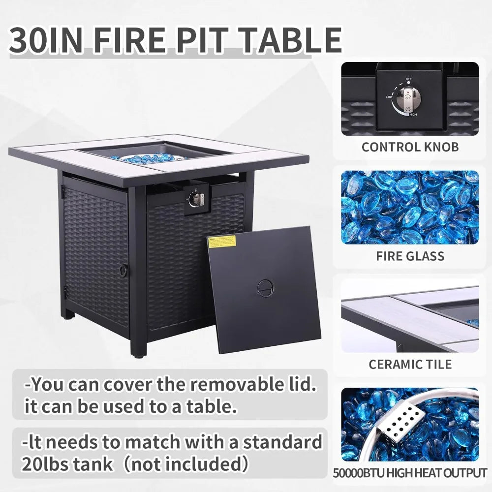 Six Piece Outdoor Patio Furniture Set With Modular Rattan Sofa And Fire Table