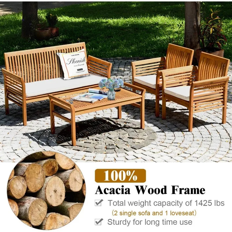 4 Piece Outdoor Acacia Wood Sofa Set With Water Resistant Cushions And Table