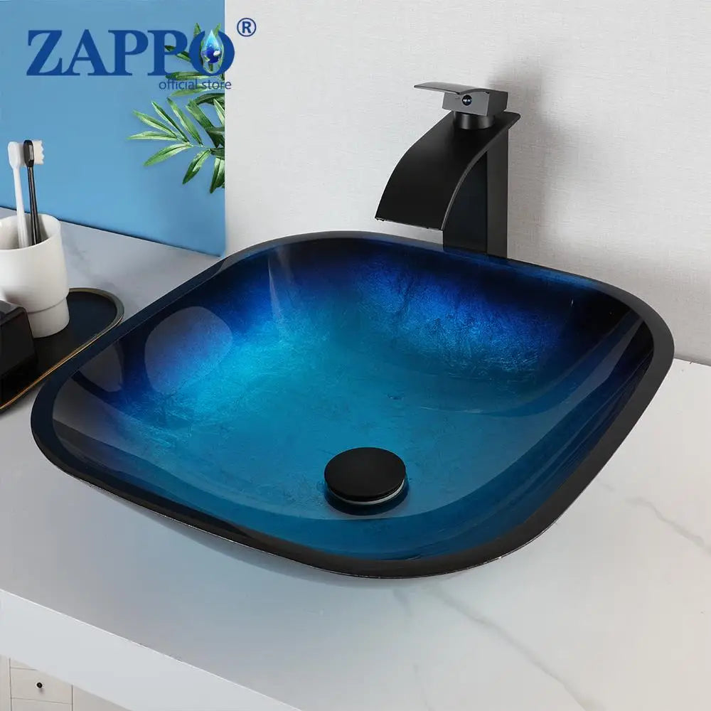 ZAPPO Tempered Glass Vessel Sink With Waterfall Faucet Blue