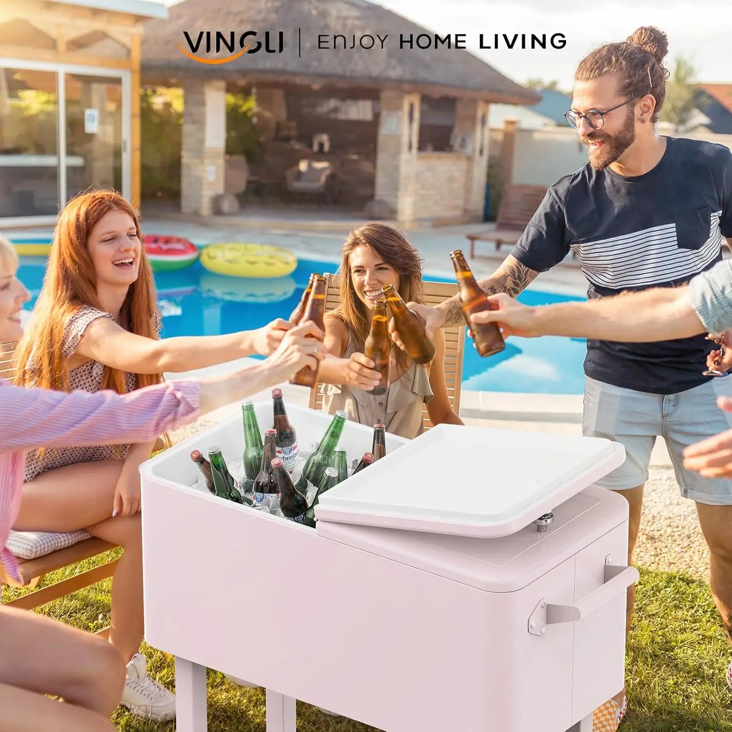 80 Quart Rolling Ice Chest Patio Bar With Cup Holder Wheels