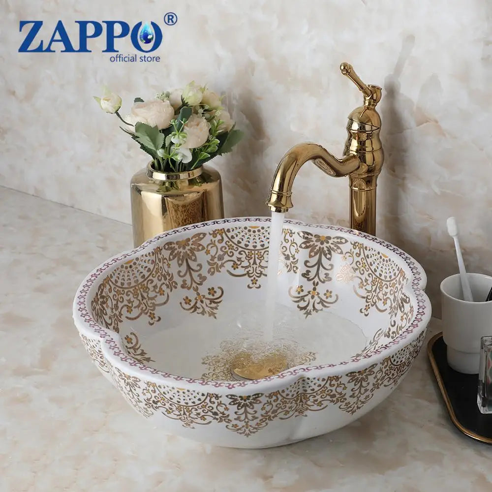 ZAPPO Ceramic Sink Above Counter Round Petal Pattern Faucet