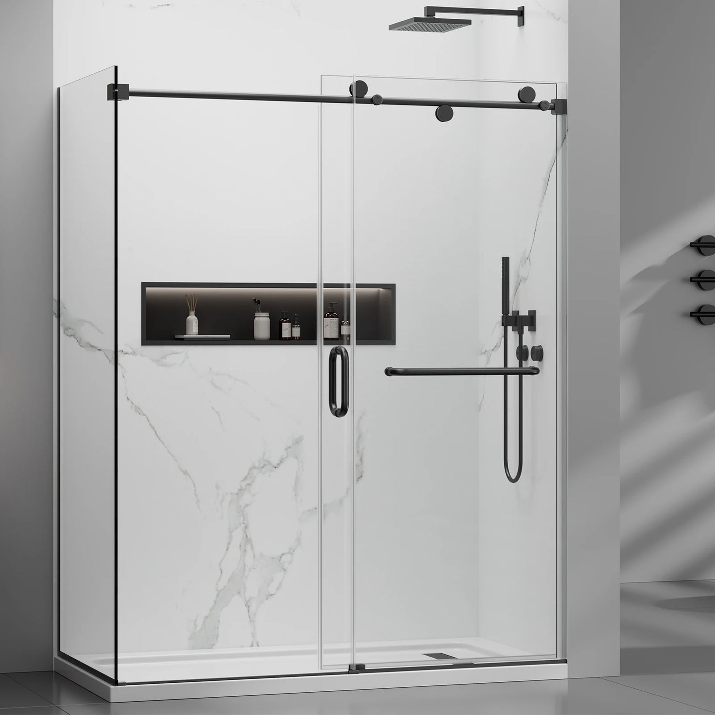 56-60 x 76 Frameless Sliding Shower Door Matte Black Glass