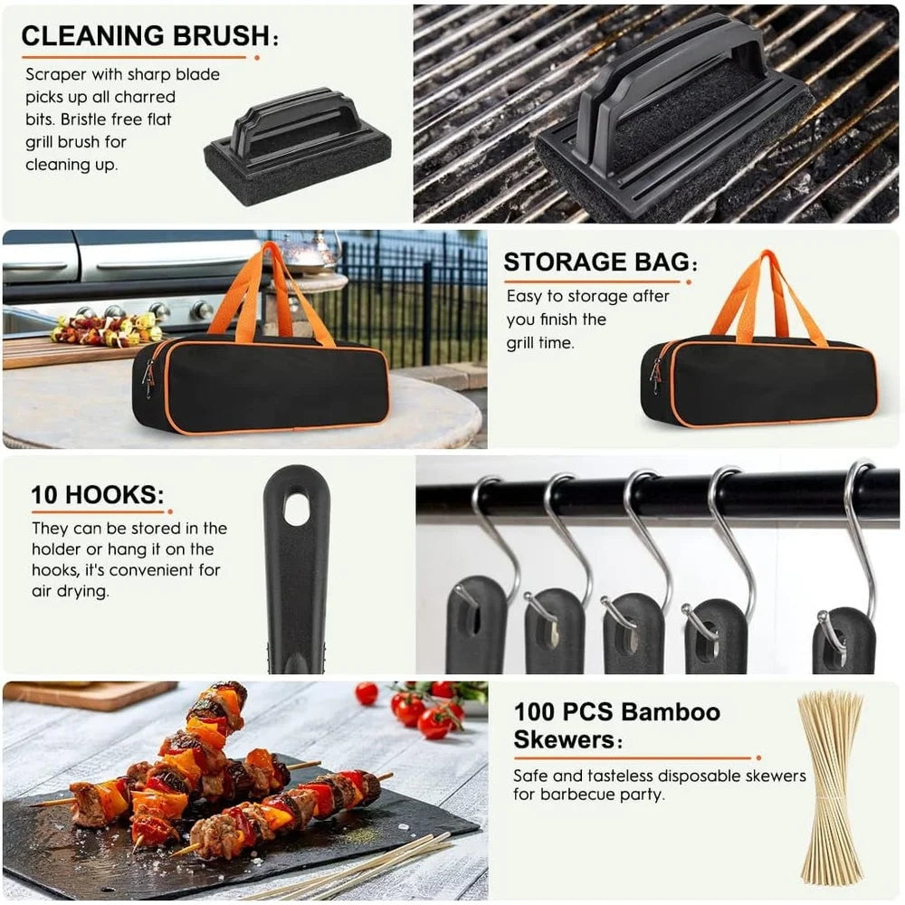 144 Pcs Griddle Accessories Kit BBQ Tool Set with Spatulas Basting Covers Silicone Gloves Burger Press Skewers for Outdoor Cooking