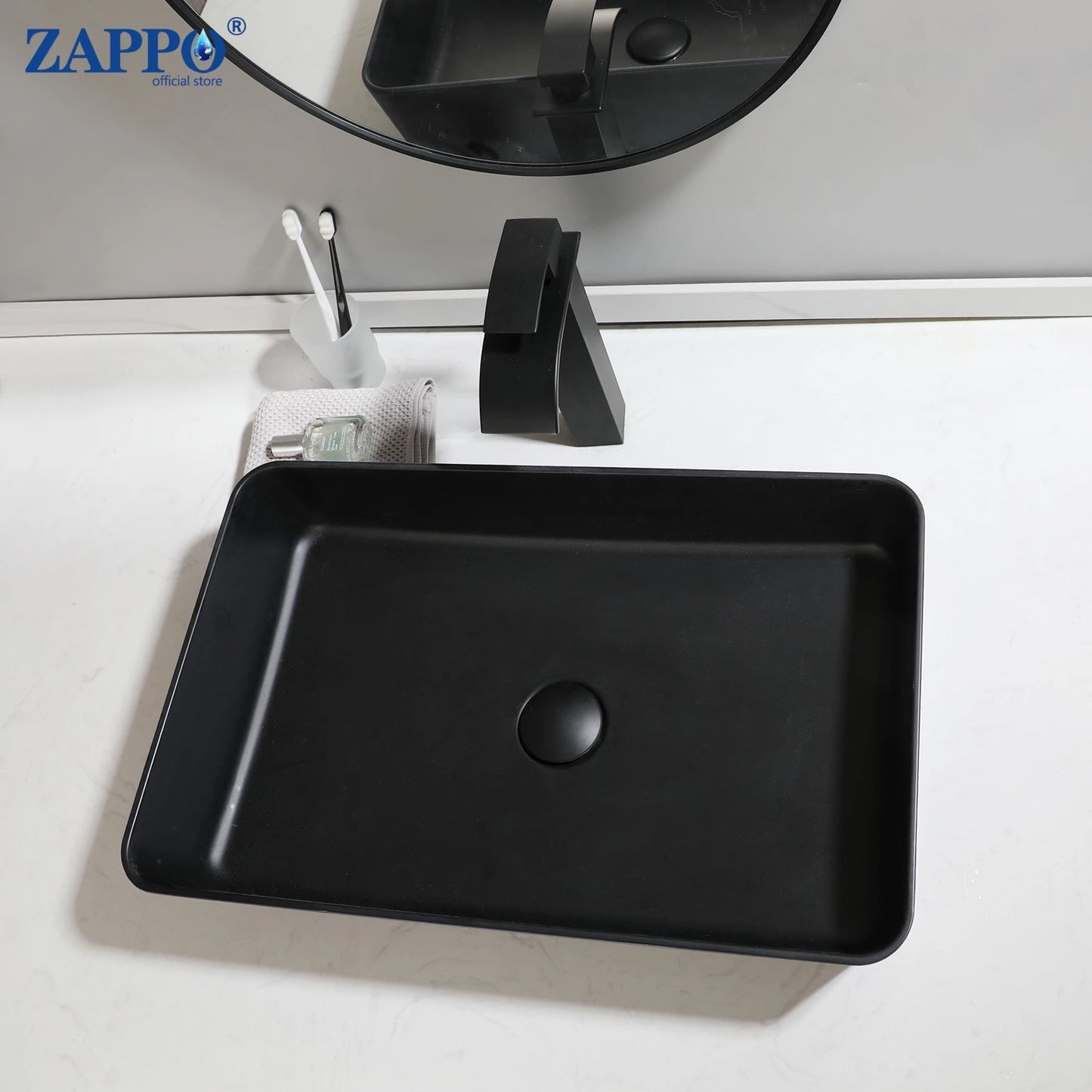 Zappo Black Stone Resin Oval Bathroom Vessel Sink Faucet
