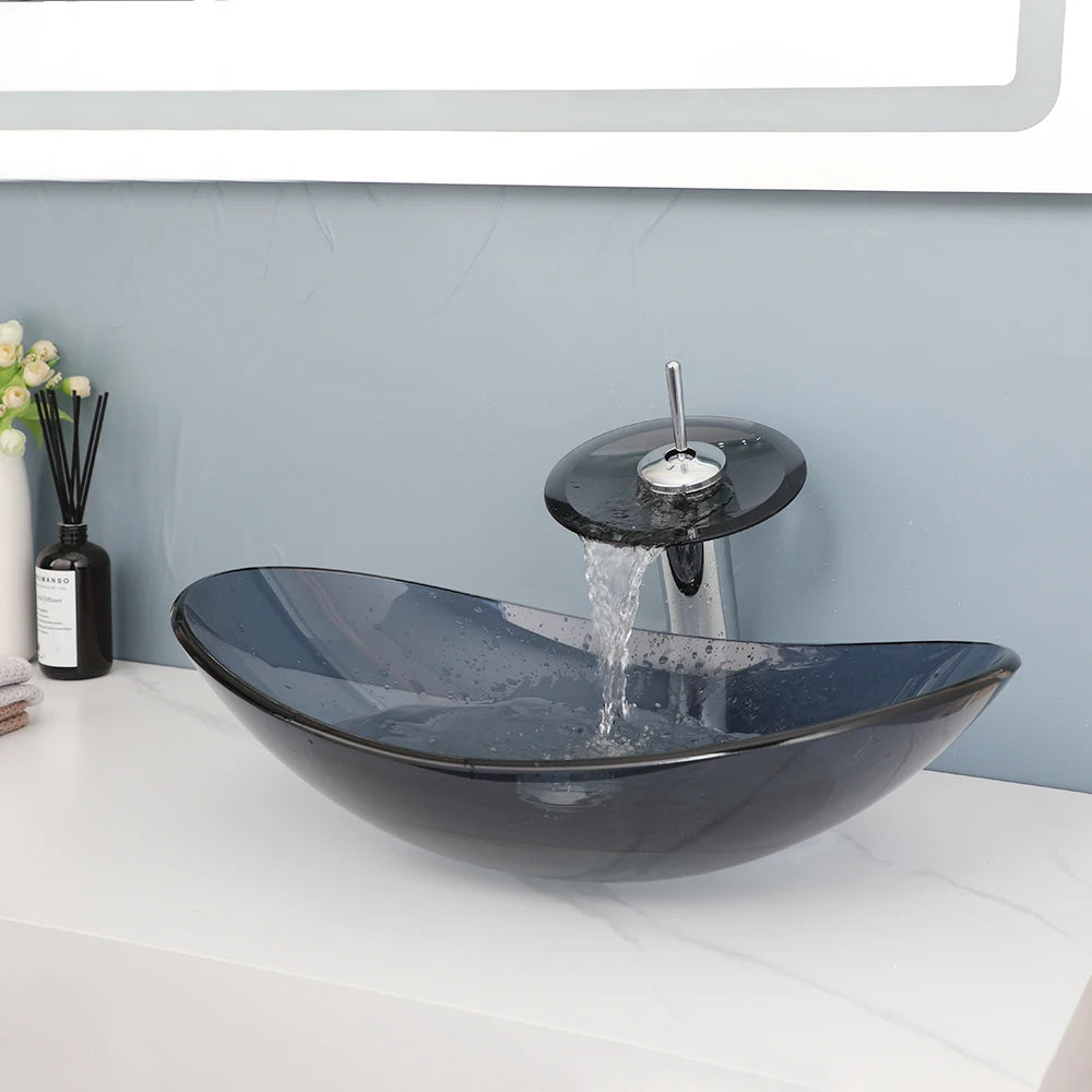 KEMAIDI Glass Vessel Sink AboveCounter Waterfall Faucet