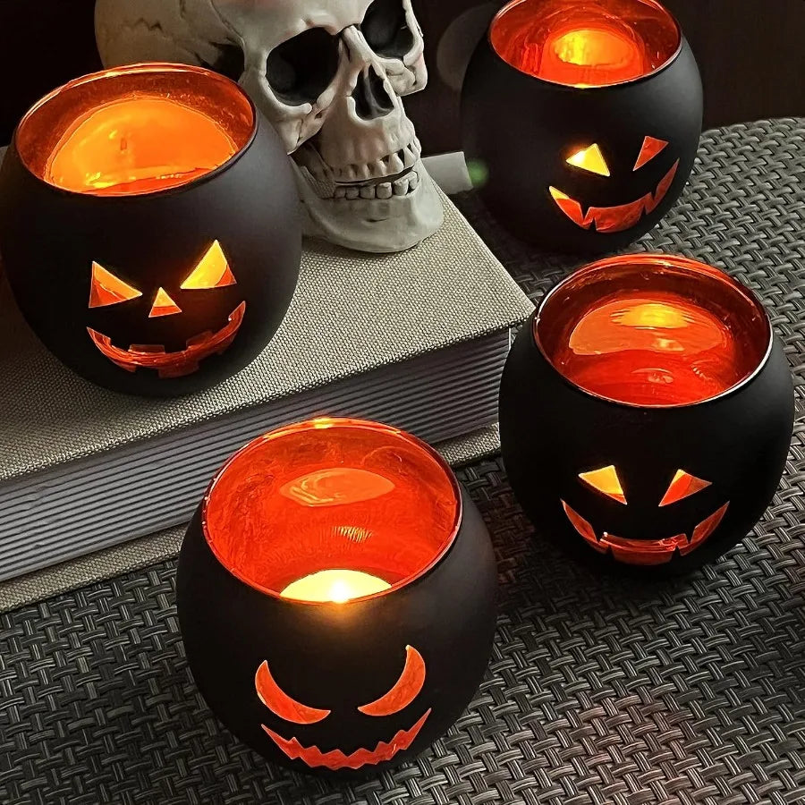 Halloween 6 Black Jack O Lanterns Tealight Candle Holders