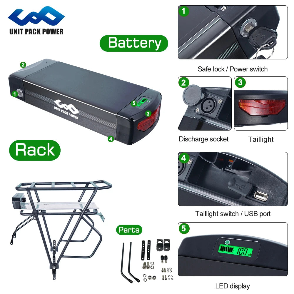 Rear Rack EBike Battery 52V 48V 27Ah 24 28 Inch Optional