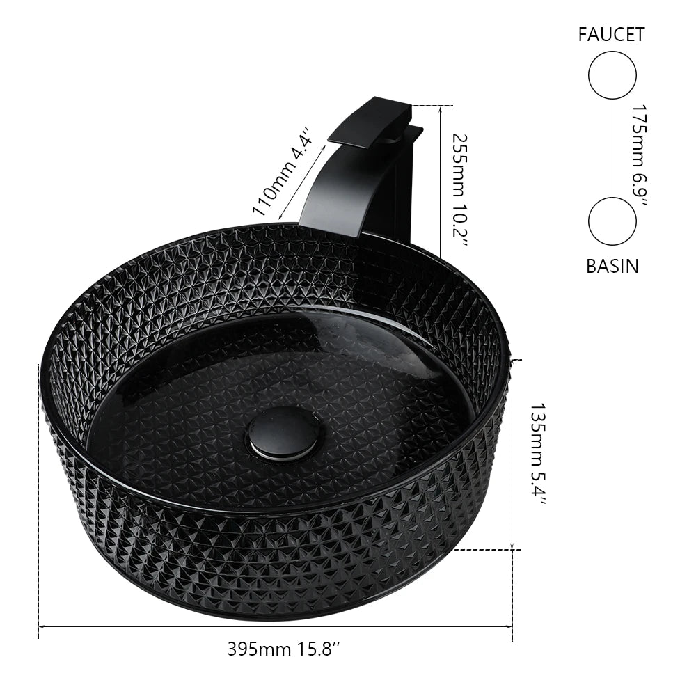 ZAPPO Black Glass Vessel Sink With Deck Mount Faucet