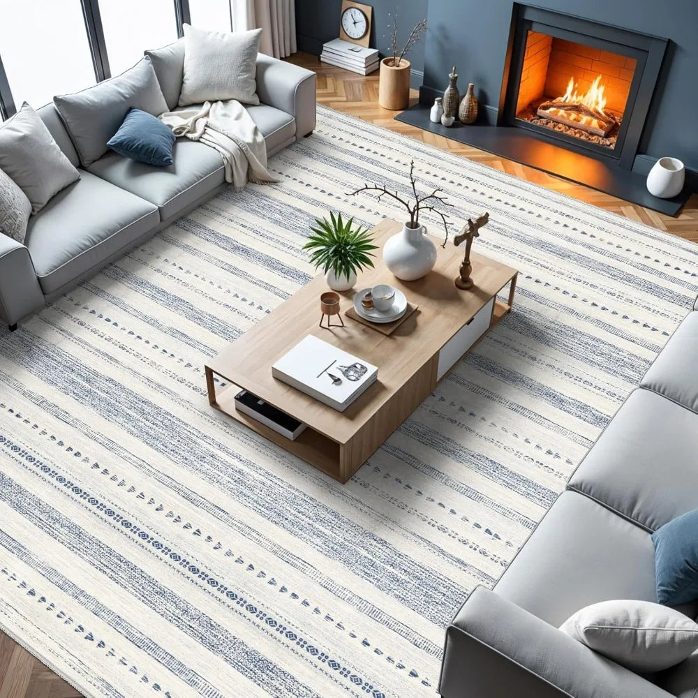 10x14 Large Area Rug Soft Ultra Thin Machine Washable Farmhouse Rugs for Living Room Non Slip Neutral Modern Geometric Design