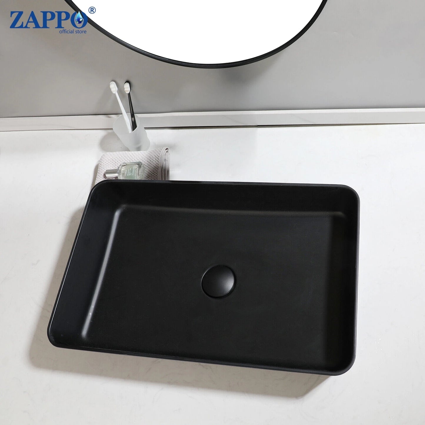 Zappo Black Stone Resin Oval Bathroom Vessel Sink Faucet