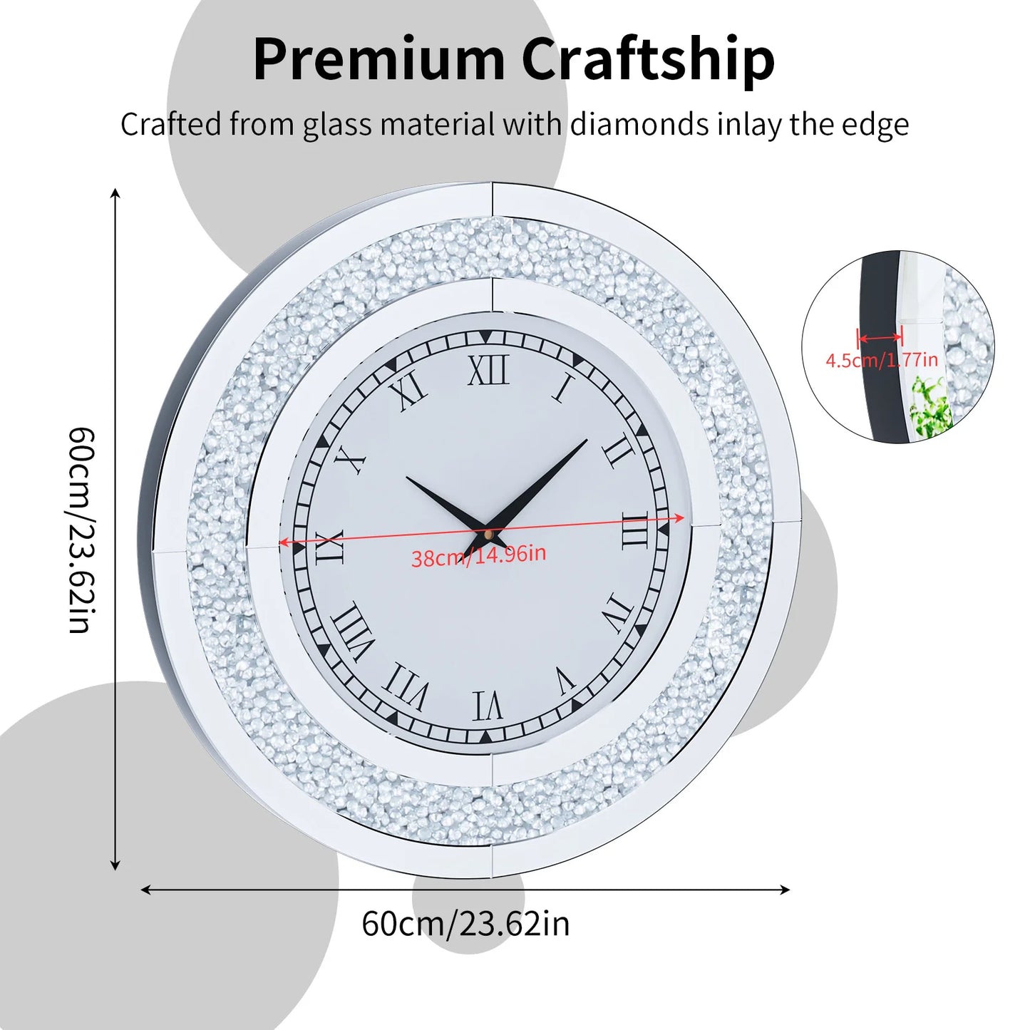 60 to 80 CM Bling Silver Round Mirror Clock Glam Sparkle Twinkle Shining Wall Clock for Home Decor