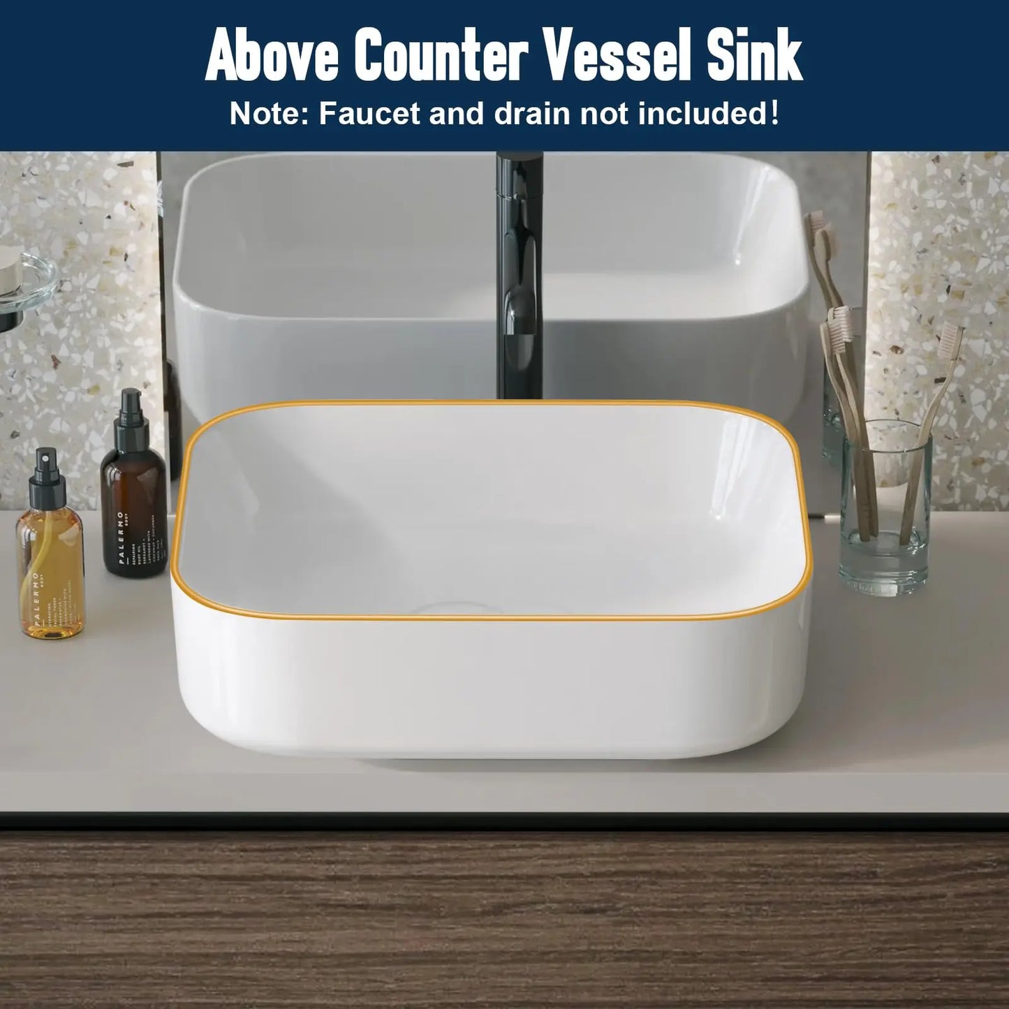 Ceramic Rectangular Sink 20x16 White Gold Rim Vessel