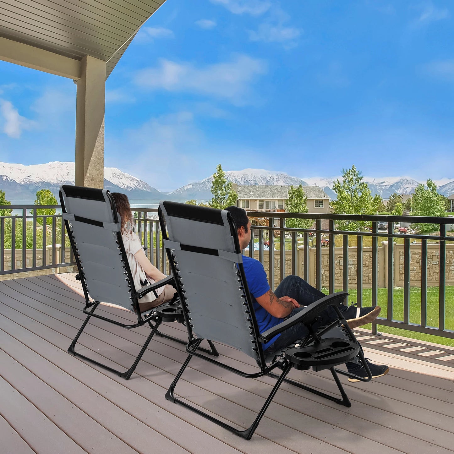 Padded Zero Gravity Lounge Chair Folding Patio Recliner with Adjustable Headrest and Cup Holder Supports 160kg Outdoor Sun Loungers