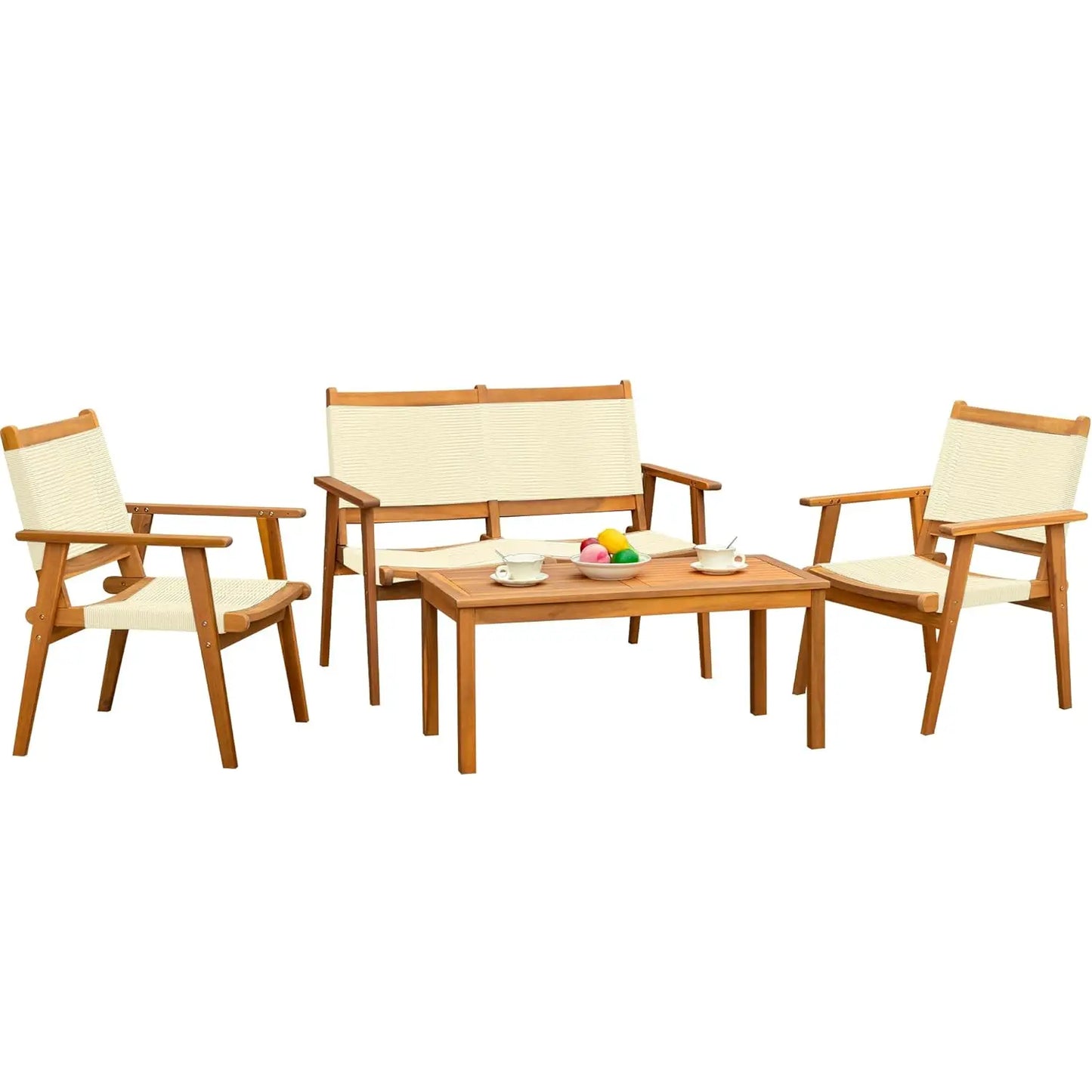 Four Piece Acacia Wood Patio Conversation Set With Hand Woven Rope Seats Outdoor