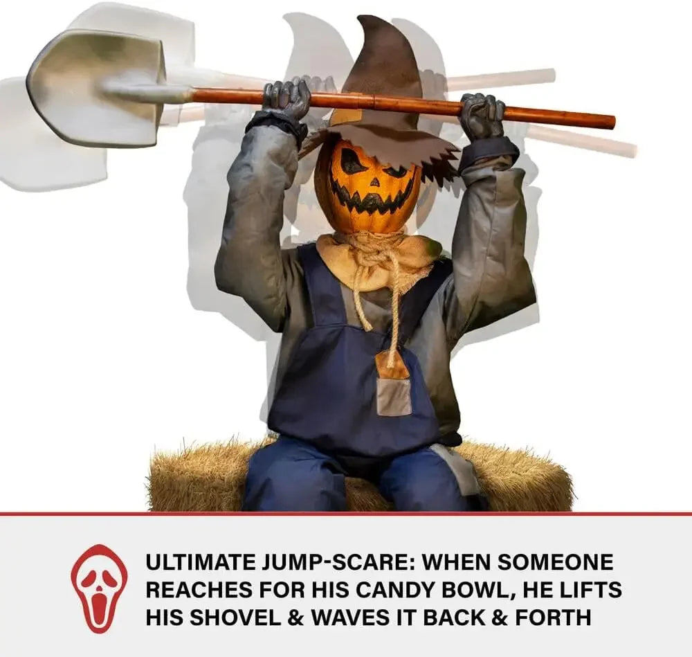 Motion-Activated Smiling Jack The Shovel-Wielding Sitting Scarecrow by Tekky, Talking Jump-Scare Halloween Animatronic,