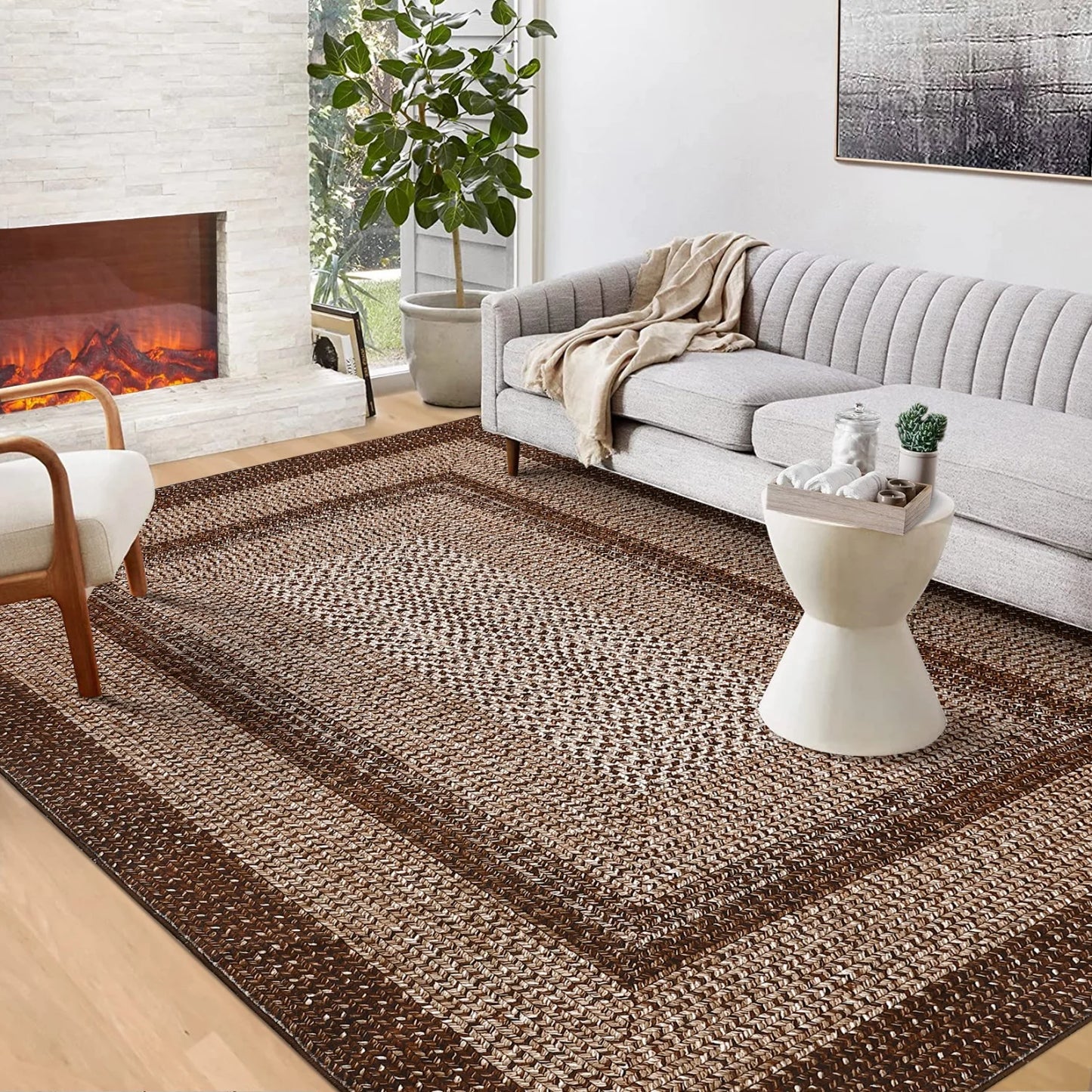 Washable Area Rugs Large Rugs for Living Room Modern Braided Print Non Slip Indoor Floor Covering Accent Carpet for Bedroom