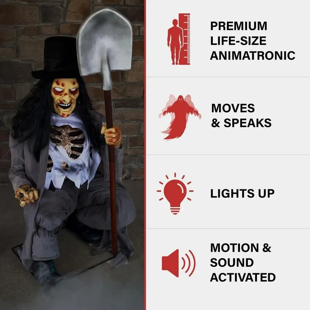 Motion Activated Crouching Grave Digger Animatronic Tekky Talking