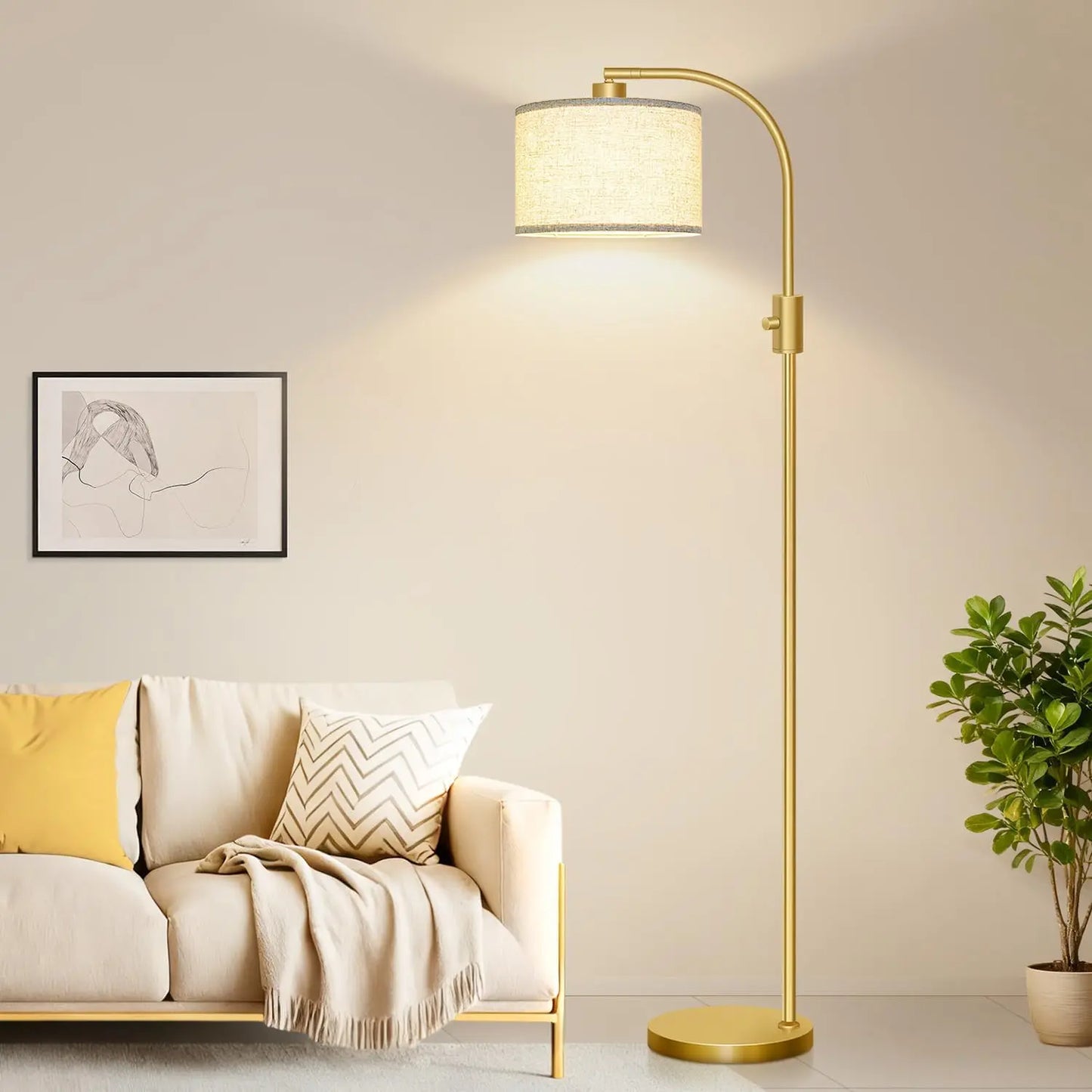 Modern Arc Dimmable Floor Lamp Linen Shade Gold Finish 1200 Lumens LED Bulb