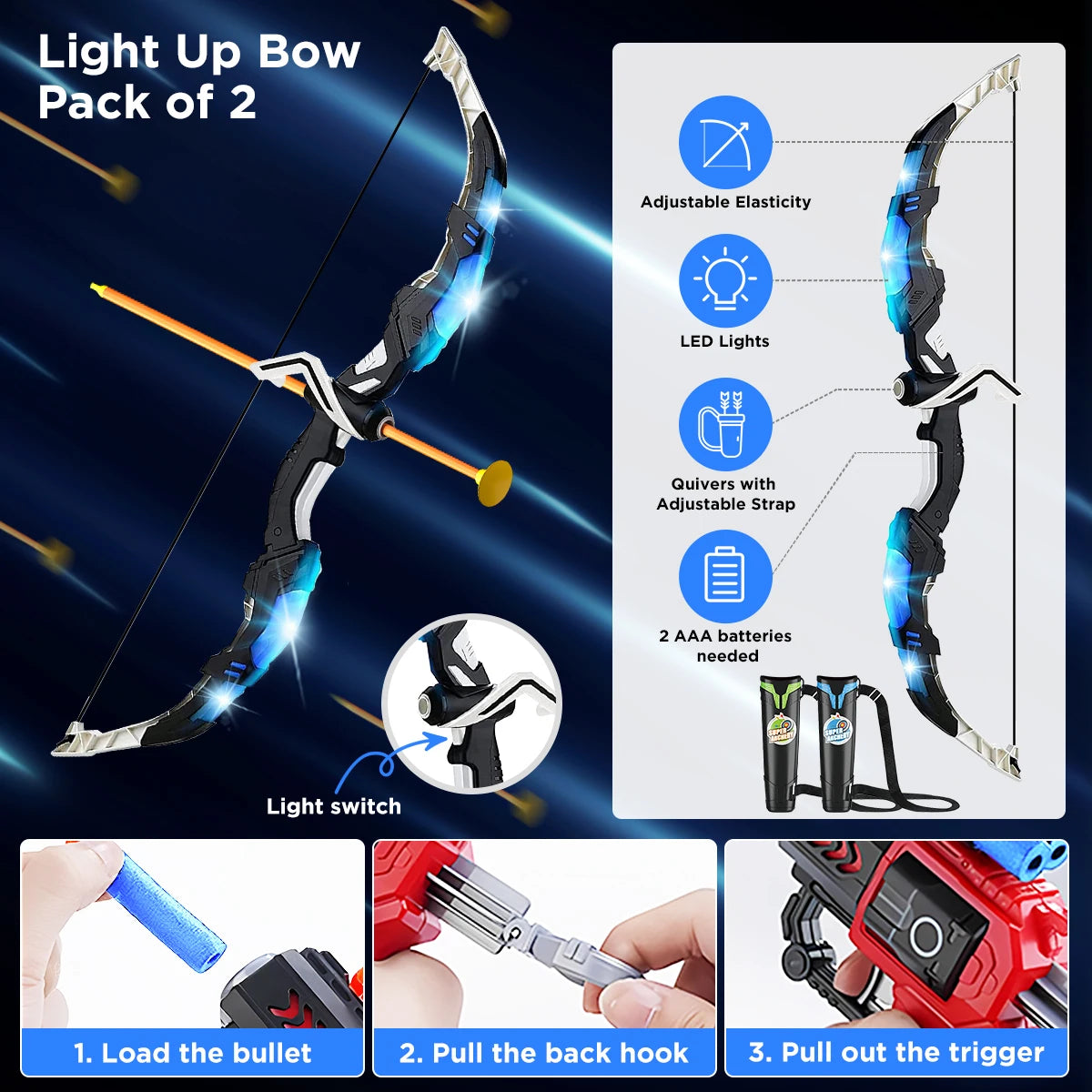 VATOS 2X Bow Arrow Guns Toy for Kids LED Light Up Archery with Suction Cup Stand Target Dart Board Indoor Outdoor Game Toys
