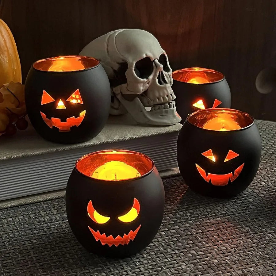 Halloween 6 Black Jack O Lanterns Tealight Candle Holders