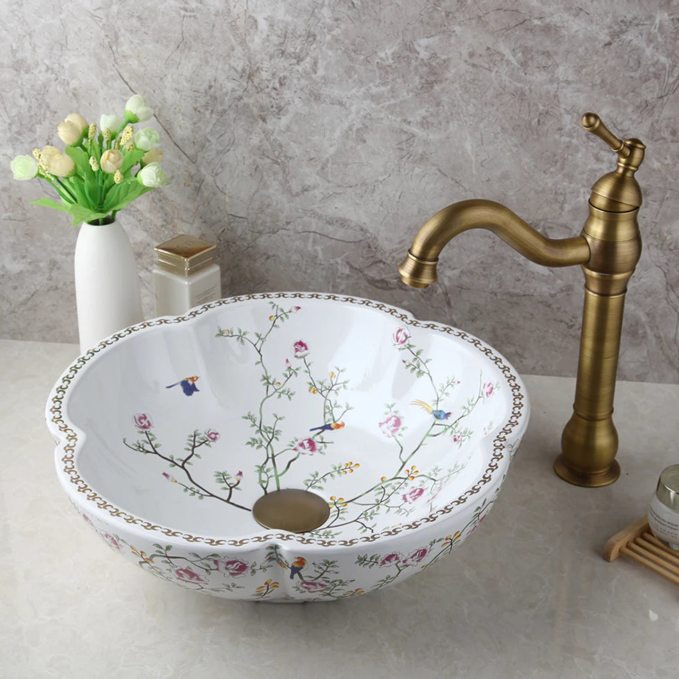 ZAPPO Ceramic Sink Above Counter Round Petal Pattern Faucet