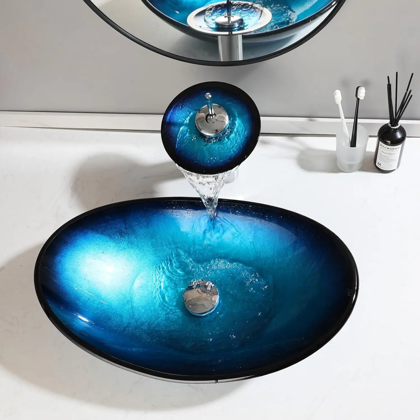 Oval Blue Glass Vessel Sink With Faucet Boat Shape