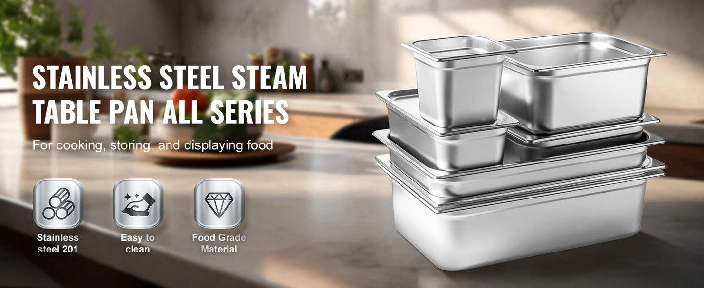 VEVOR 8 Pack Buffet Chafing Dishes 5.93L Stainless Steel Steam Table Pans with Lid 6 Inch Deep Catering Food Pan