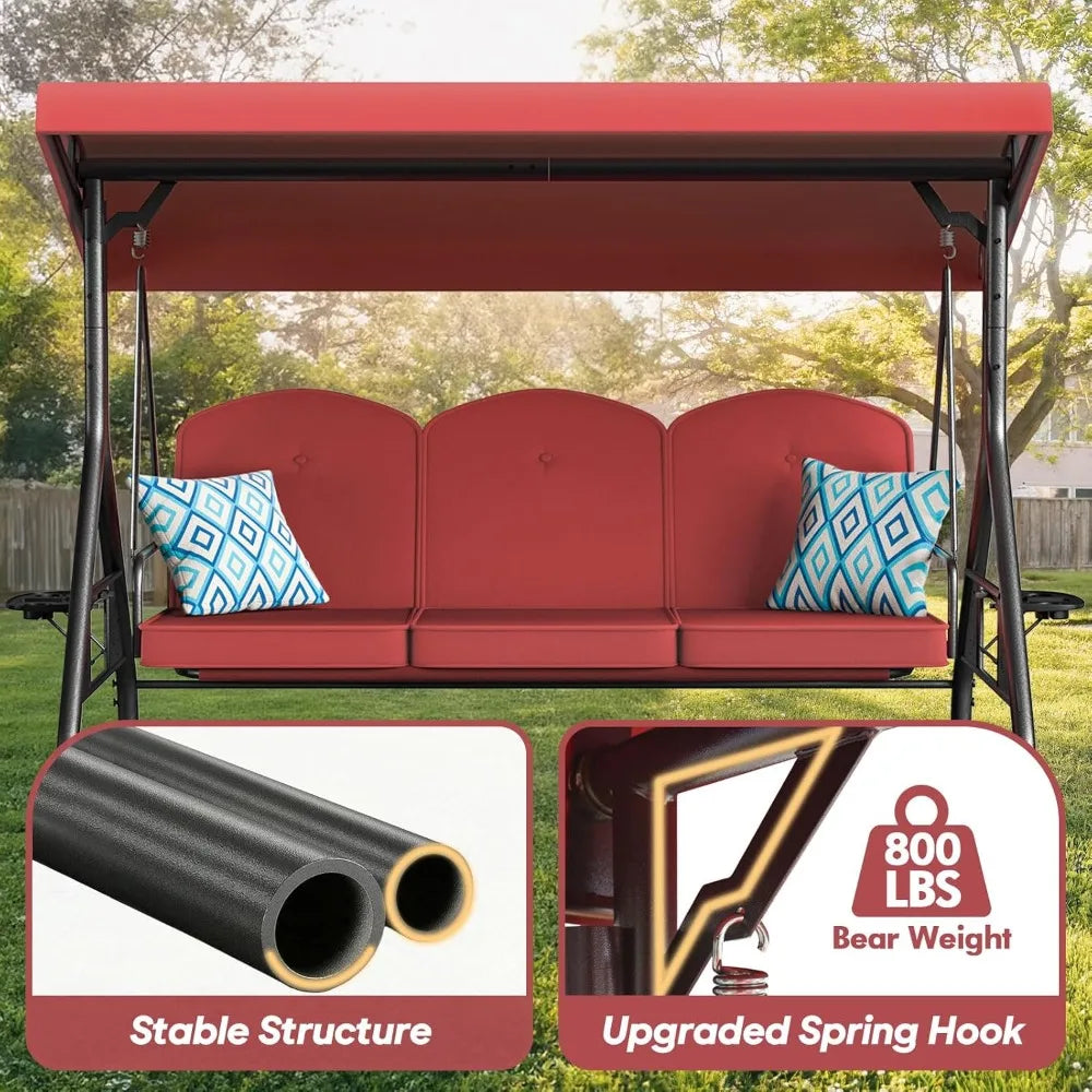 3 Seat Outdoor Porch Patio Swing With Stand 800 Lb 2 In 1 Convertible Swing Bed With Adjustable Canopy And Removable Cushion