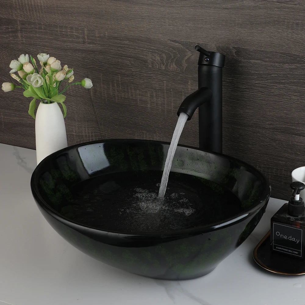 ZAPPO Marbling Rectangle Vessel Sink With Faucet Drain