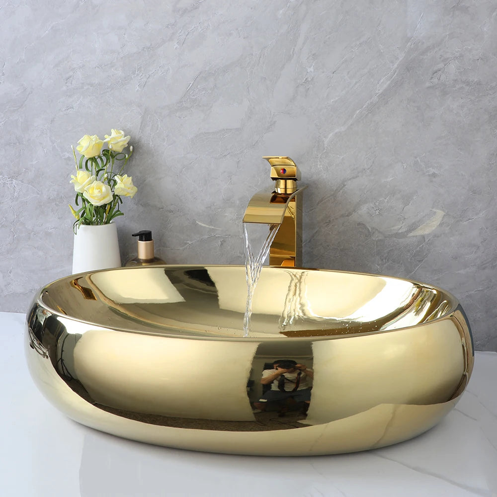 KEMAIDI 23In Oval Ceramic Vessel Sink Gold Waterfall Faucet