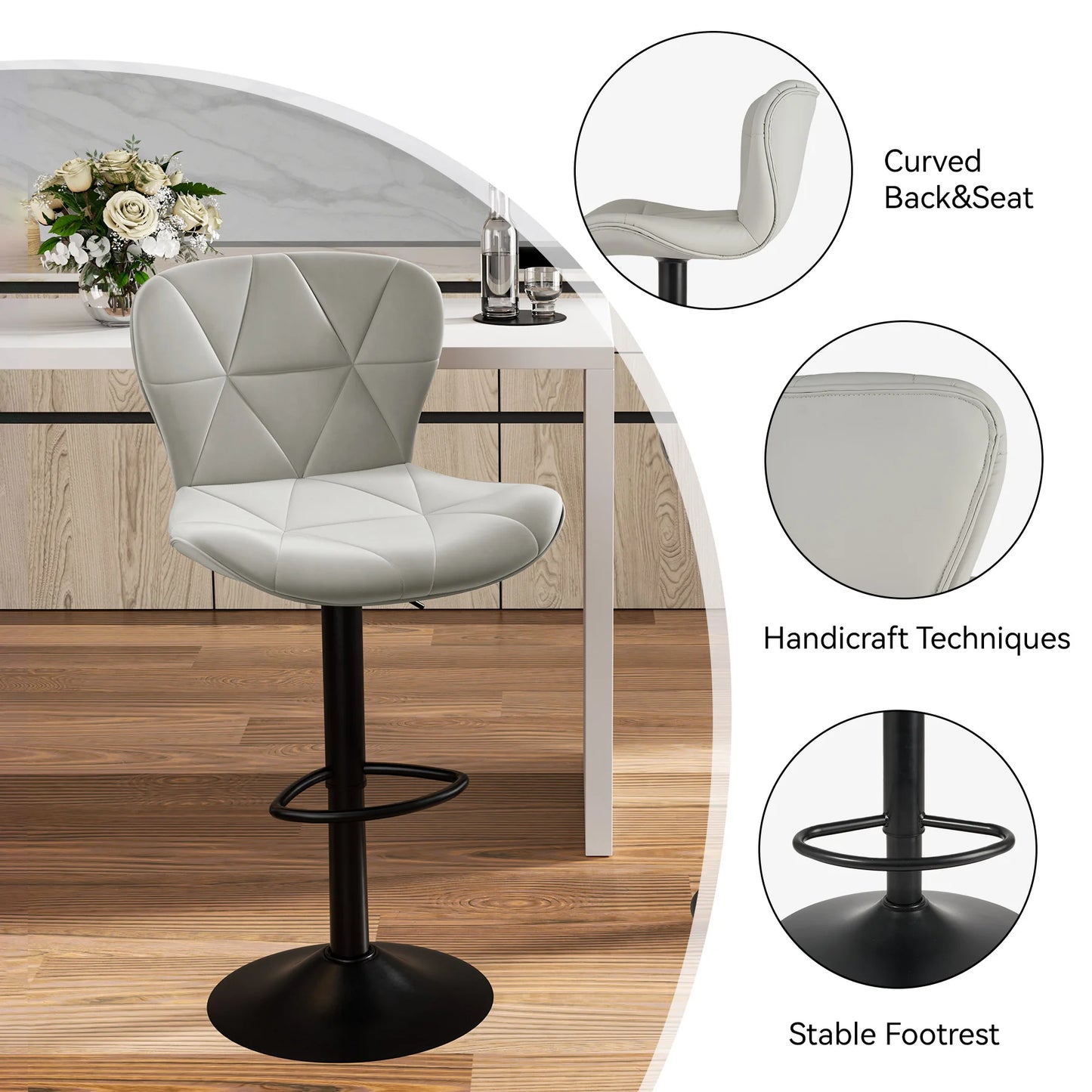 2 Pcs Bar Chair 360 Degree Rotation Faux Leather Backrest