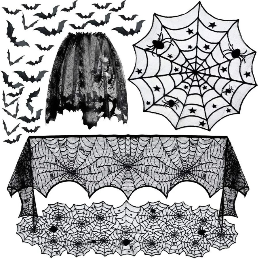32 Piece Halloween Spider Web Lace Tablecloth Set Black