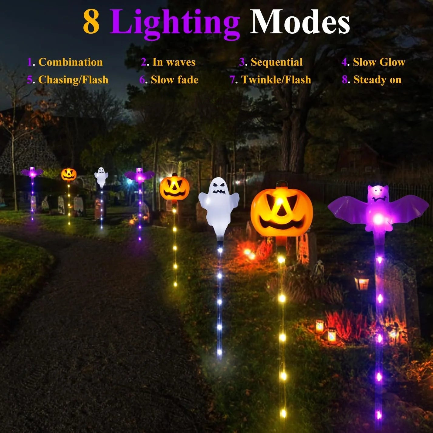 Solar Powered 8 LED Pumpkin Garden Stake Lights Halloween