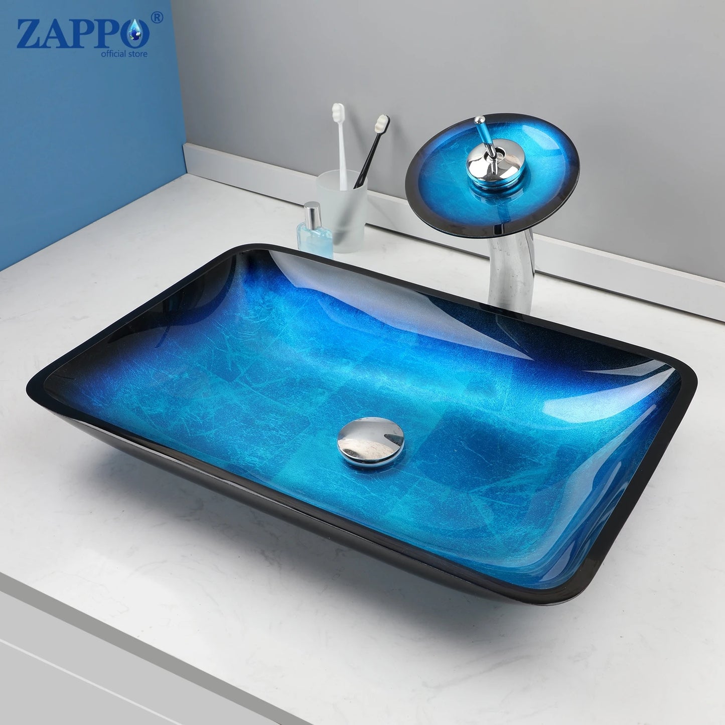 ZAPPO Tempered Glass Vessel Sink With Waterfall Faucet Blue