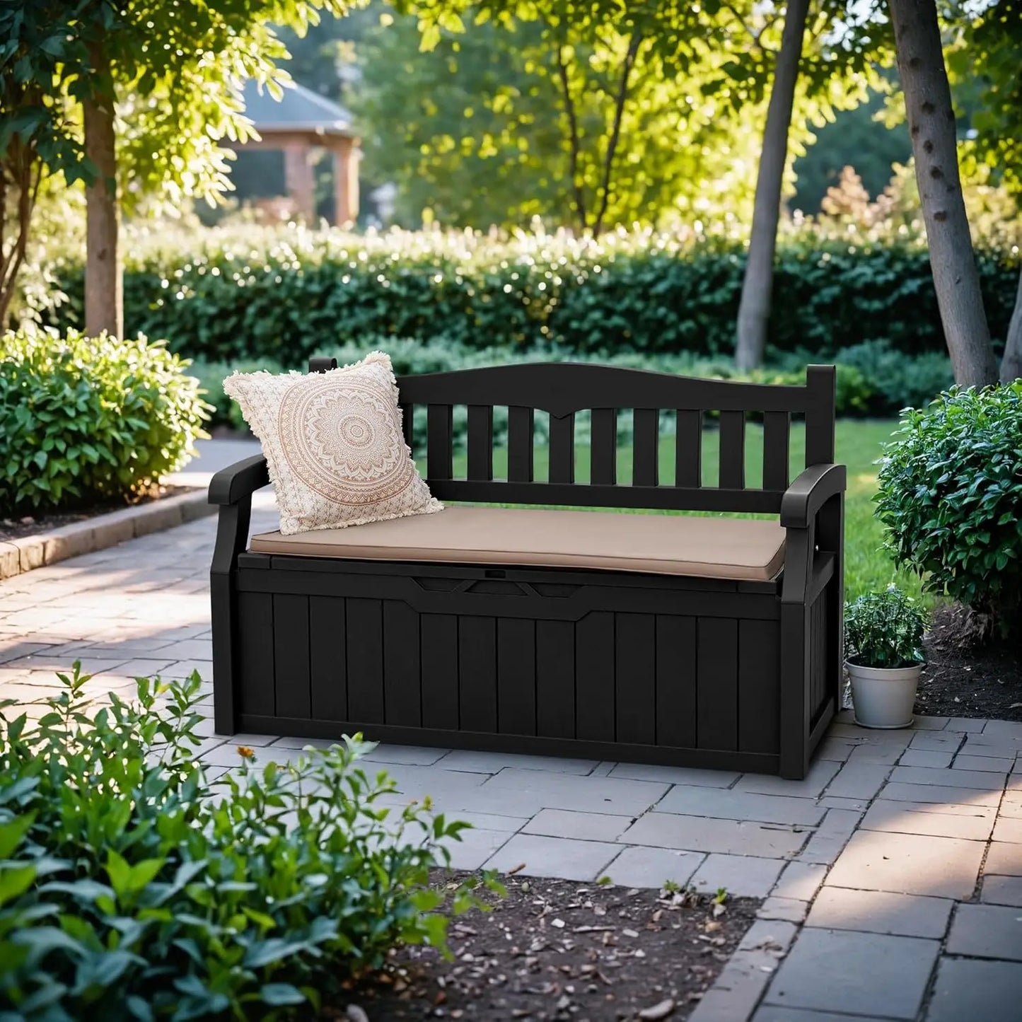 80 Gallon Lockable Storage Bench Deck Box For Patio Furniture Outdoor Seating Cushions Garden Tools Pool Supplies Black