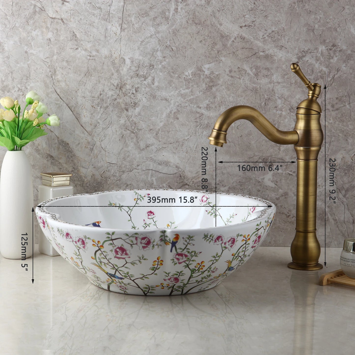 Jieni Art Ceramic Basin Set Blossoms Spring Brass Tap