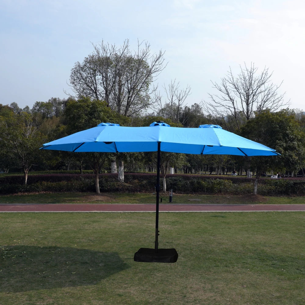 15 X 9 Ft Large Double Sided Rectangular Outdoor Twin Patio Umbrella With LED Light And Base Blue