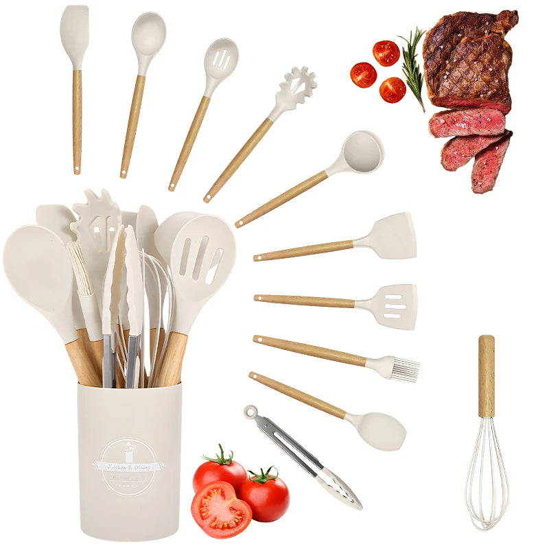 12 Piece Silicone Kitchenware Cooking Utensils Set Non Stick Cookware Spatula Shovel Egg Beaters Baking Set with Storage Bucket