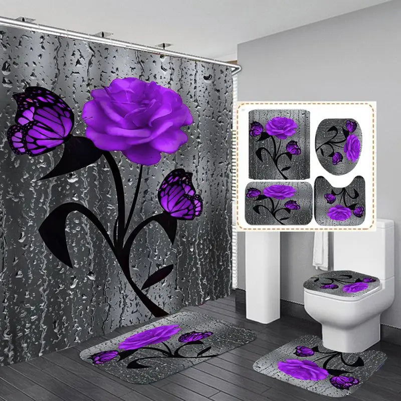 Four Piece Floral Polyester Bathroom Accessory Set Non Slip