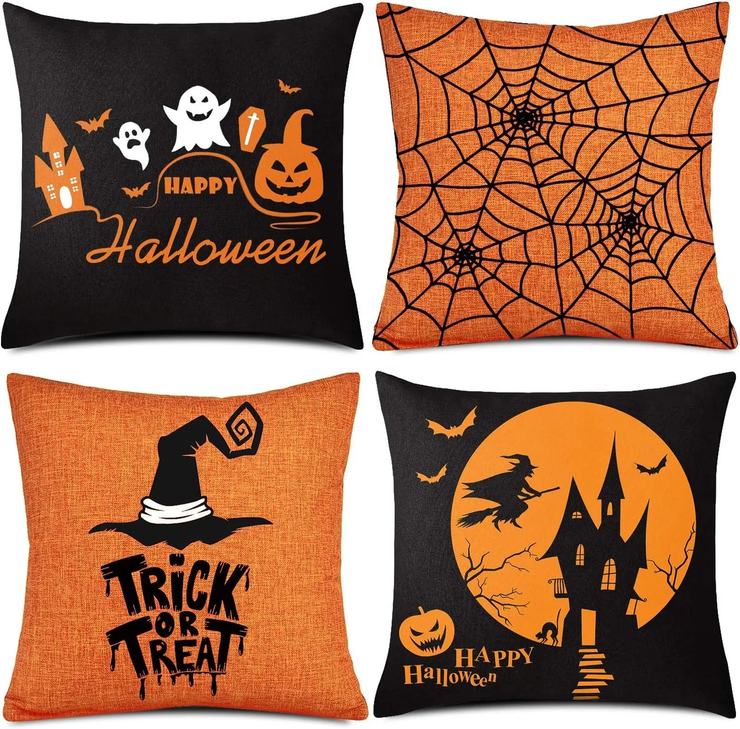 Four Pack Halloween Pillow Covers Orange Black Linen