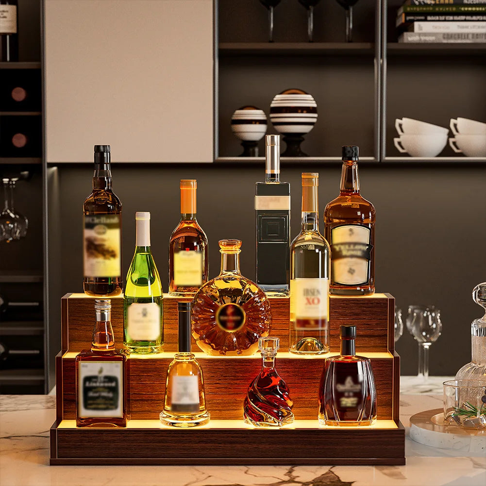 Led Lighted Wooden Liquor Shelves With App Remote Control