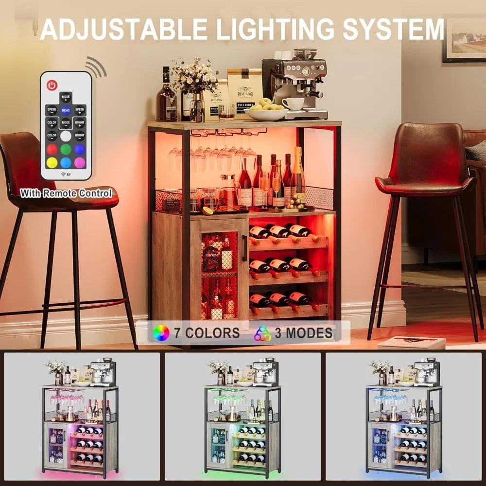 Three Tier Wine Bar Cabinet With LED Lights And Wine Rack