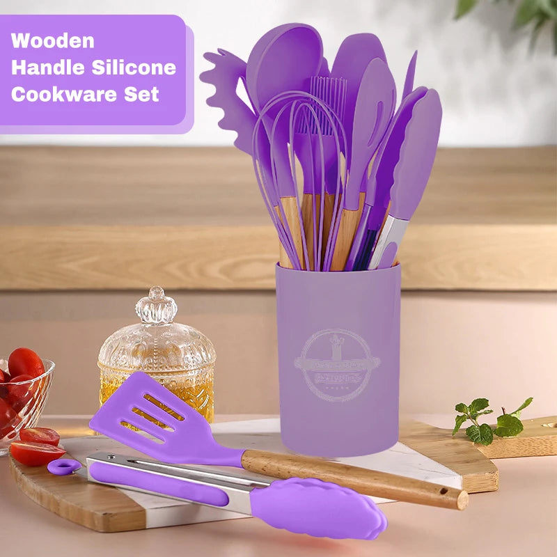 12 Piece Silicone Kitchenware Cooking Utensils Set Non Stick Cookware Spatula Shovel Egg Beaters Baking Set with Storage Bucket