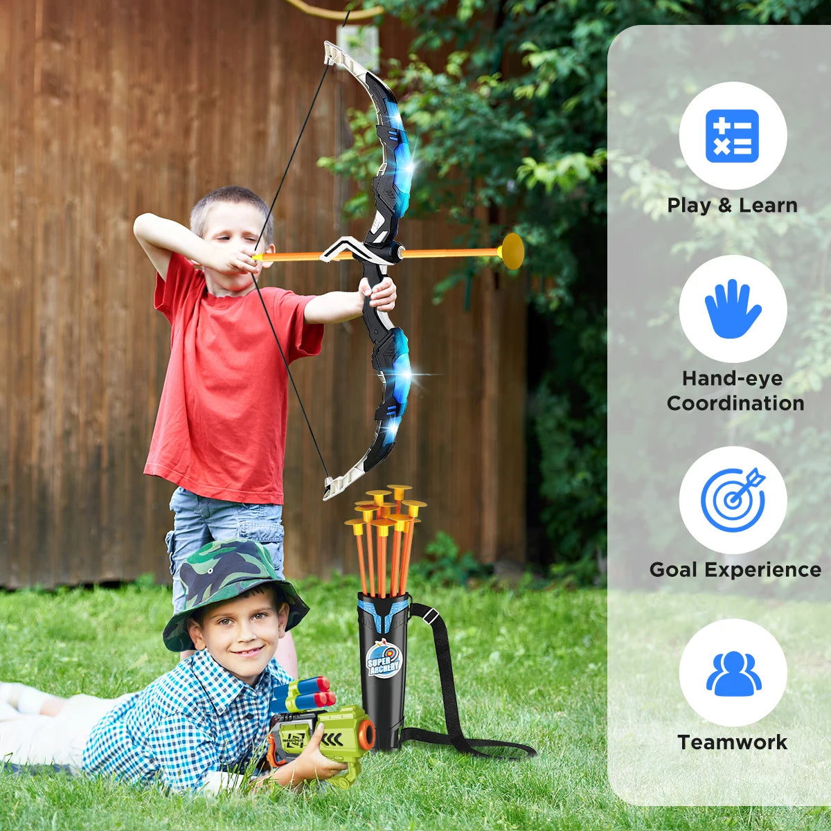 VATOS 2X Bow Arrow Guns Toy for Kids LED Light Up Archery with Suction Cup Stand Target Dart Board Indoor Outdoor Game Toys
