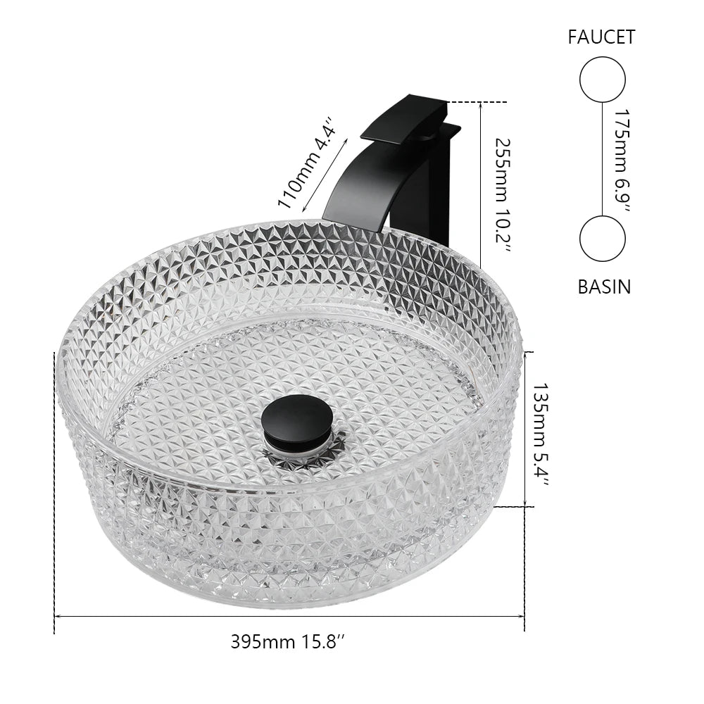 ZAPPO Black Glass Vessel Sink With Deck Mount Faucet